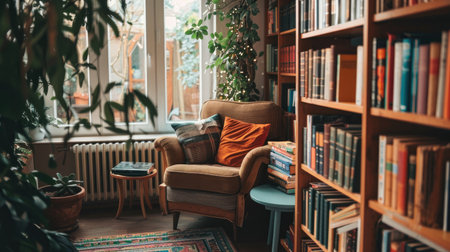 A cozy reading nook with a comfortable chair, earth-tone pillows, and a wooden bookshelf filled with booksの素材