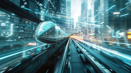 A futuristic, high-speed train zooming through a city with advanced infrastructure and cutting-edge technologyの素材