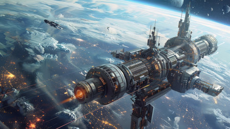 A futuristic space station orbiting Earth, with advanced technology and a view of the planet belowの素材