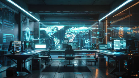 A high-tech workspace with transparent screens, holographic displays, and advanced communication devicesの素材