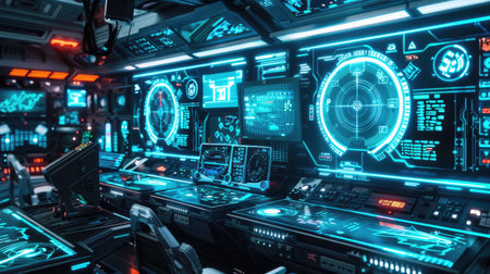 A high-tech control room with holographic screens and advanced computer interfaces, showcasing futuristic technologyの素材