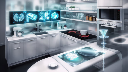 A high-tech, futuristic kitchen with automated cooking devices, smart appliances, and holographic recipe displaysの素材