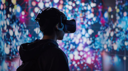 A person using an advanced virtual reality headset, immersed in a highly detailed and interactive virtual environmentの素材