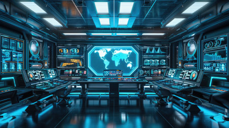 A high-tech control room with holographic screens and advanced computer interfaces, showcasing futuristic technologyの素材