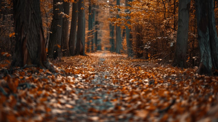 A peaceful forest trail with fallen leaves in shades of brown and gold, leading through tall treesの素材