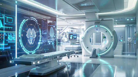 A futuristic healthcare facility with advanced medical technology, robotic assistants, and holographic patient dataの素材