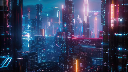 A futuristic city at dusk, illuminated by neon lights and advanced technological infrastructureの素材