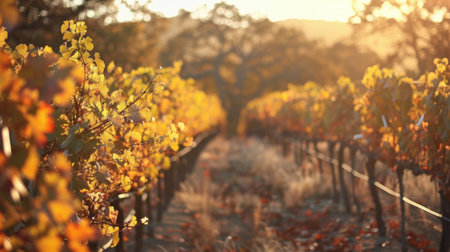 A picturesque vineyard in the fall, with grapevines turning golden brown and soft, warm light illuminating the sceneの素材