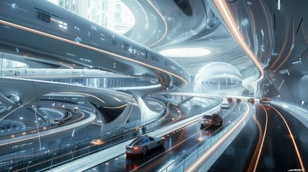 A futuristic transportation hub with autonomous vehicles, high-speed trains, and advanced navigation systemsの素材