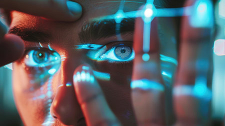 A person using advanced biometric authentication technology, such as a retinal scanner or fingerprint readerの素材
