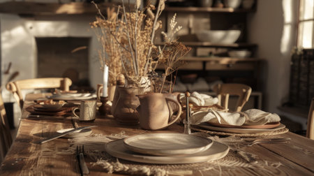 A rustic wooden table set with earth-tone ceramics, linen napkins, and dried flowers, creating a warm atmosphereの素材