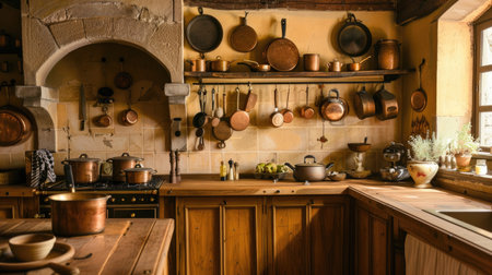 A rustic kitchen with earth-tone cabinets, wooden countertops, and copper pots hanging from a rackの素材
