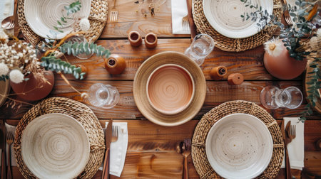 A rustic dining table set with earth-tone dishes, woven placemats, and natural centerpiecesの素材