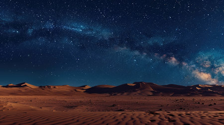 A stunning panorama of a desert under a clear night sky filled with sparkling stars and distant galaxiesの素材
