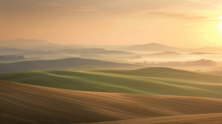 A serene sunset over a landscape of rolling hills and fields in shades of brown and greenの素材