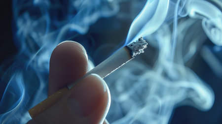 A close-up of a person holding a lit cigarette, with smoke curling upwards against a dark backgroundの素材