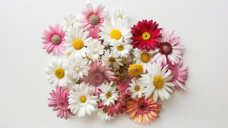 A bouquet of multicolored daisies, including white, pink, and yellow, arranged beautifully against a white backdropの素材