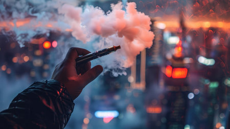 A hand holding an e-cigarette, with a cloud of vapor in the background and a cityscape in soft focusの素材