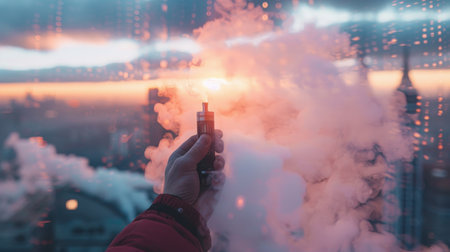 A hand holding an e-cigarette, with a cloud of vapor in the background and a cityscape in soft focusの素材