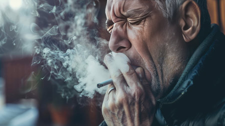 A person coughing with a cigarette in hand, illustrating the immediate health effects of smokingの素材