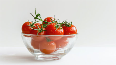 A beautiful arrangement of tomatoes in a clear glass bowl, placed against a white backgroundの素材