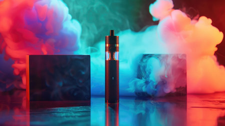 A sleek e-cigarette device resting on a modern table, surrounded by colorful vapor cloudsの素材