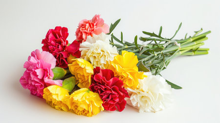 A bouquet of multicolored carnations, including red, yellow, pink, and white, arranged beautifully against a white backdropの素材