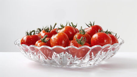A beautiful arrangement of tomatoes in a clear glass bowl, placed against a white backgroundの素材