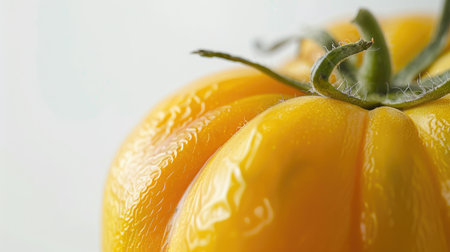 A close-up of a yellow tomato with delicate skin, beautifully set against a white backgroundの素材