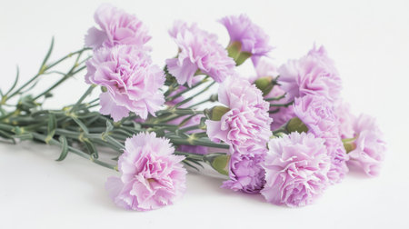 A bunch of lavender carnations creating a soft, pastel display against a white backgroundの素材