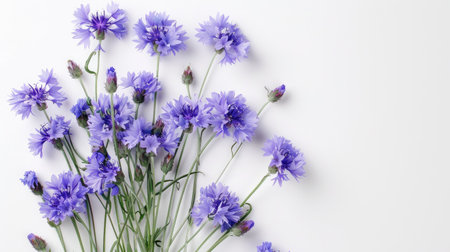 A bunch of lavender cornflowers creating a soft, pastel display against a white backgroundの素材