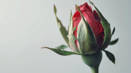 A close-up of a red rosebud just beginning to bloom, with delicate petals unfolding against a white backgroundの素材