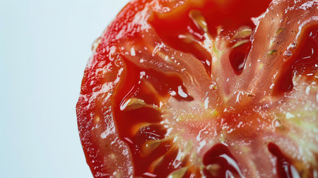 A close-up of a sliced red tomato, revealing the juicy interior against a white backgroundの素材