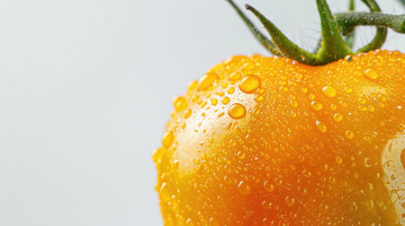 A close-up of a yellow tomato with delicate skin, beautifully set against a white backgroundの素材