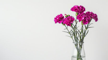 A beautiful arrangement of purple carnations in a clear glass vase, placed against a white backgroundの素材