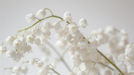 A close-up of lily of the valley flowers with delicate petal veins, beautifully set against a white backgroundの素材