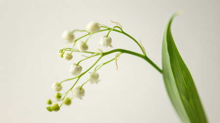 A close-up of a budding lily of the valley stem, with delicate flowers beginning to bloom against a white backgroundの素材