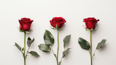 A minimalist arrangement of three red roses, evenly spaced against a white backgroundの素材
