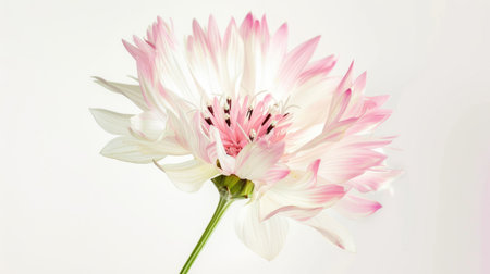 A delicate cornflower with a mix of white and pale pink petals, softly highlighted against a white backgroundの素材