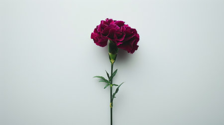 A single deep purple carnation, with its rich color creating a striking contrast against a white backdropの素材