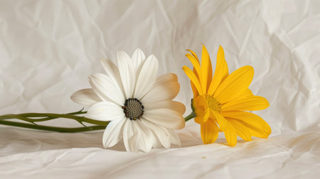 A romantic image of two intertwined daisies, one white and one yellow, against a plain white backdropの素材