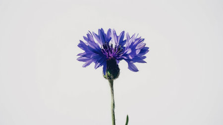 A single deep purple cornflower, with its rich color creating a striking contrast against a white backdropの素材