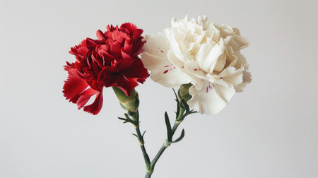 A romantic image of two intertwined carnations, one red and one white, against a plain white backdropの素材
