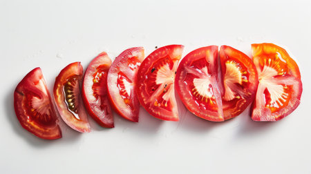 A delicate arrangement of sliced tomatoes, softly highlighted against a white backgroundの素材