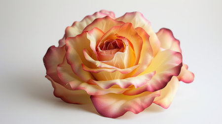 A close-up shot of a yellow and pink gradient rose, with the petals creating a beautiful color blend against a white backdropの素材