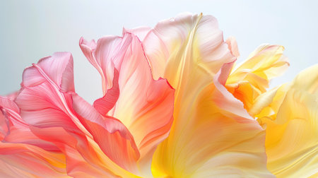 A close-up shot of a yellow and pink gradient tulip, with the petals creating a beautiful color blend against a white backdropの素材