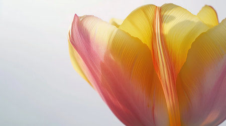 A close-up shot of a yellow and pink gradient tulip, with the petals creating a beautiful color blend against a white backdropの素材
