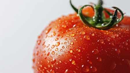 Close-up of a ripe red tomato with droplets of water, set against a pristine white backgroundの素材