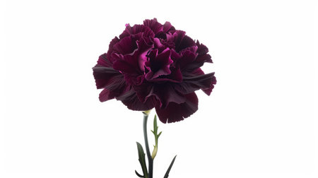 A single deep purple carnation, with its rich color creating a striking contrast against a white backdropの素材