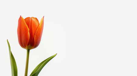 A single orange tulip with vivid petals, standing out against a pure white backgroundの素材